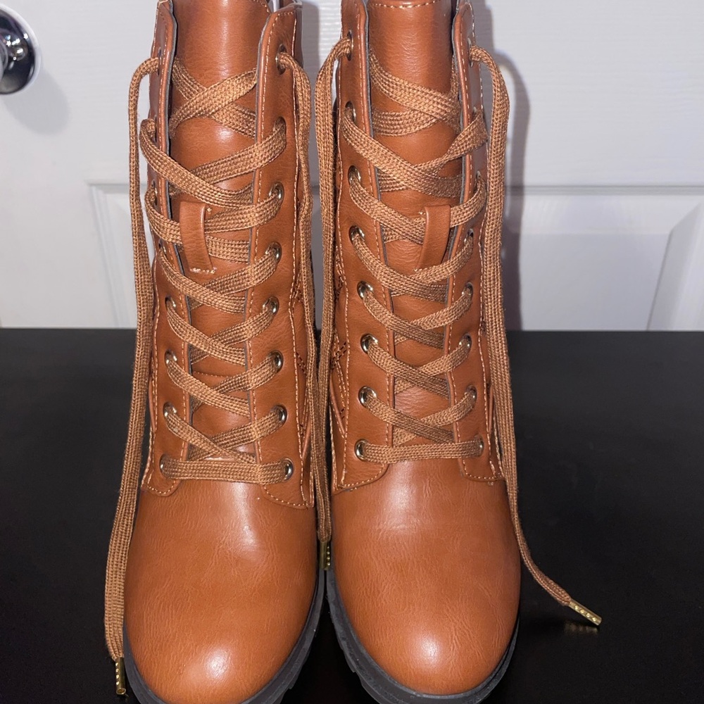 Shoe Dazzle - Sallee Block Heel Booties Women's Tan Lace-Up Boots